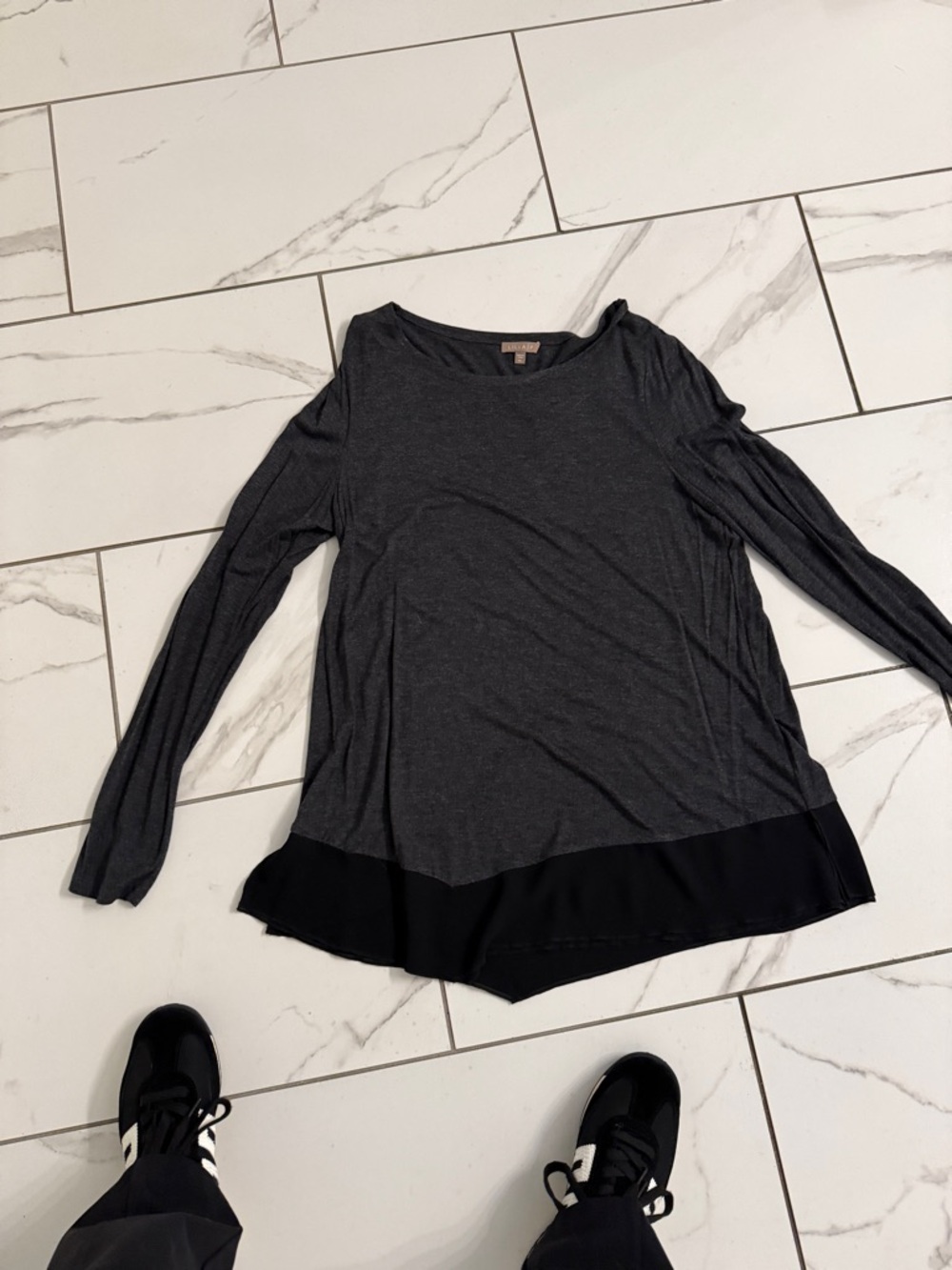 Lilla P Charcoal Gray Long Sleeve Top with Black Layered Hem